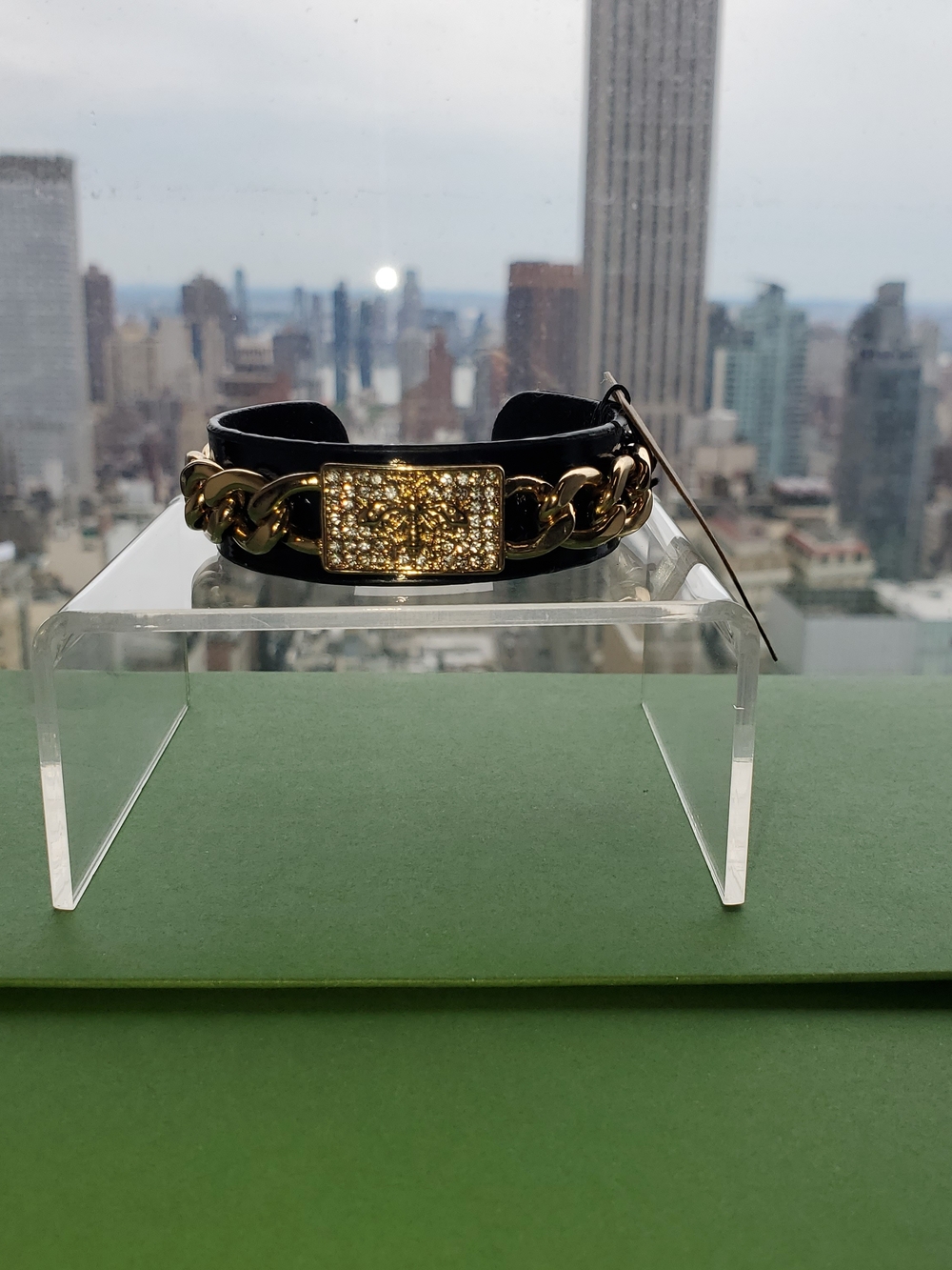 Gold Chain & Black Leather Bracelet with Crystal Accent